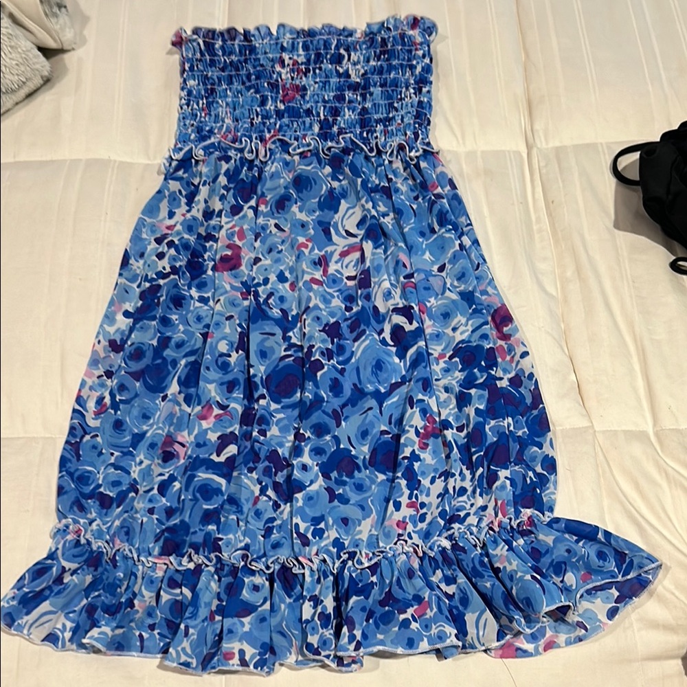 Floral Blue Strapless Dress